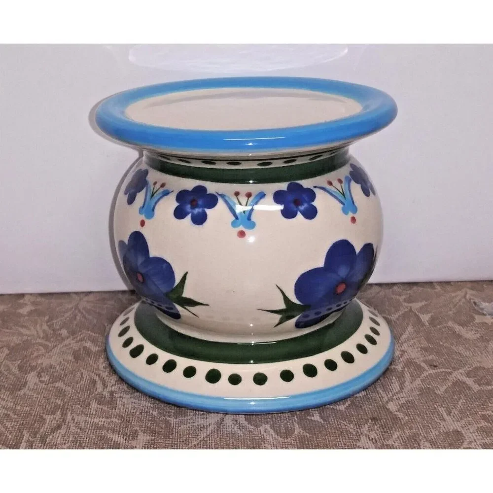VTG Blue Ivory Ceramic Candle holder floral Mexican sunrise giftcraft pillar EUC